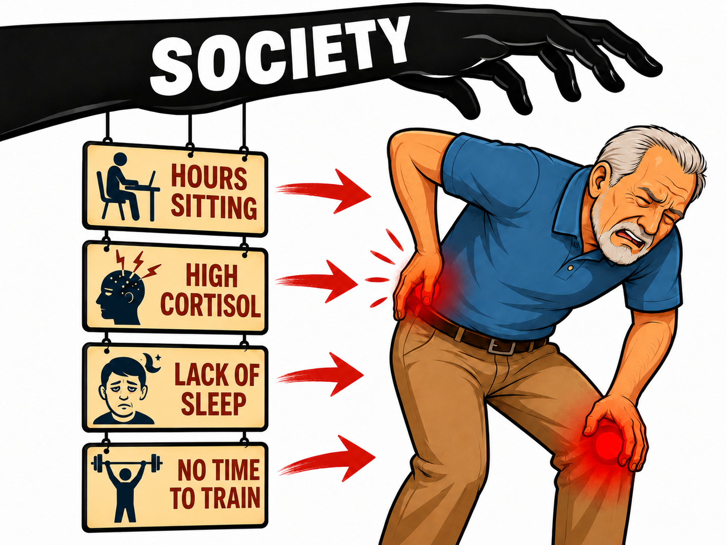 Ilustração mostrando como a sociedade sedentária moderna trava o corpo como um boneco de cordas, com os glúteos adormecidos em destaque